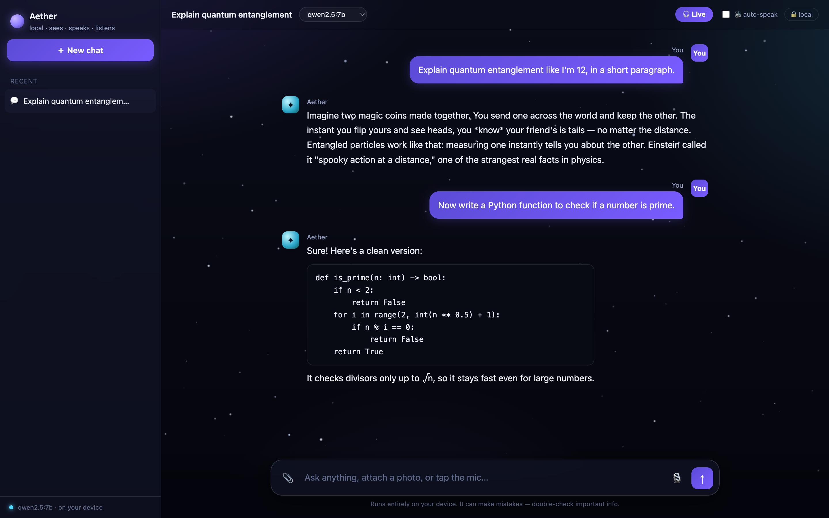 A conversation in Aether with a code block