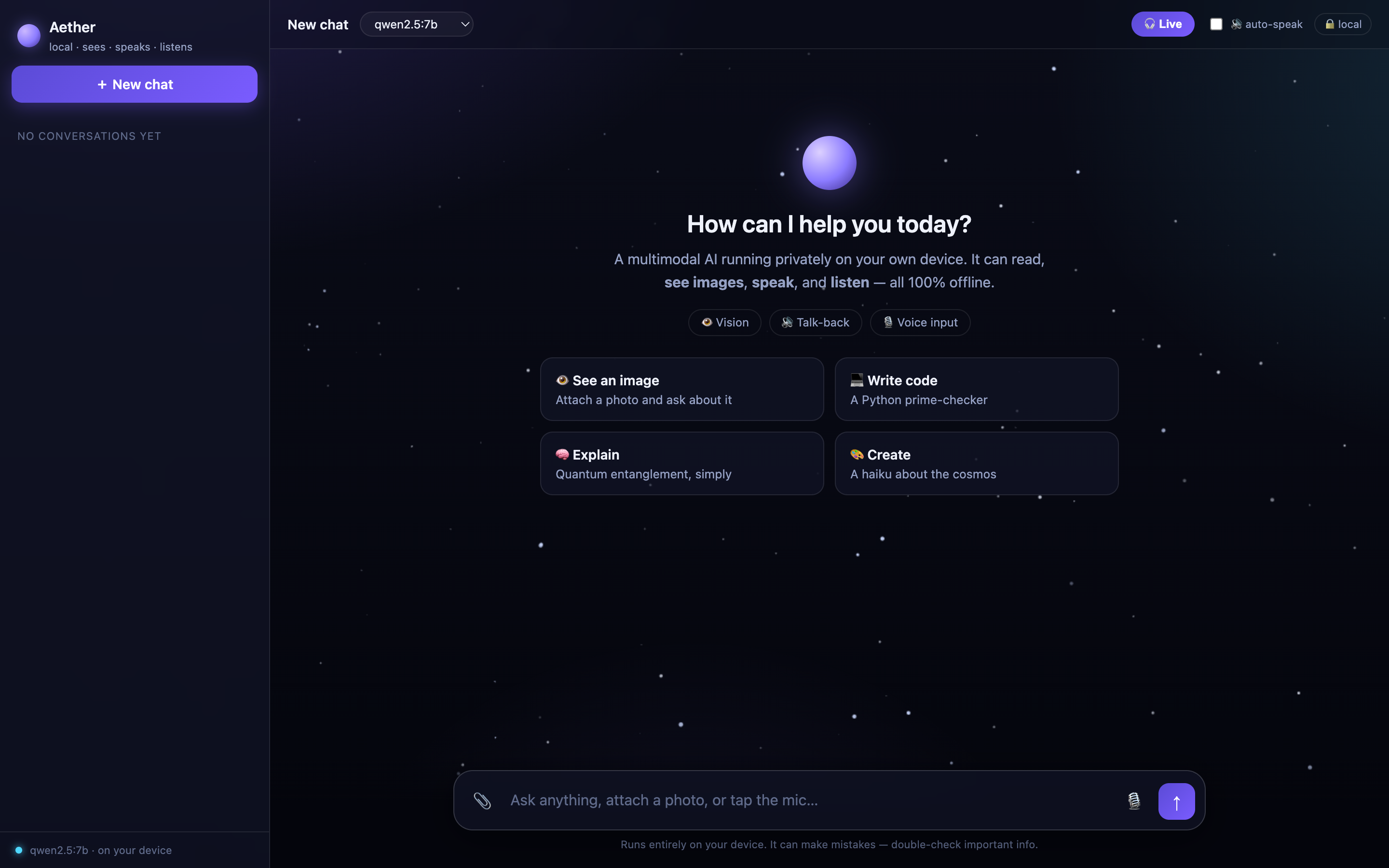 The Aether welcome screen with a model picker and a message box