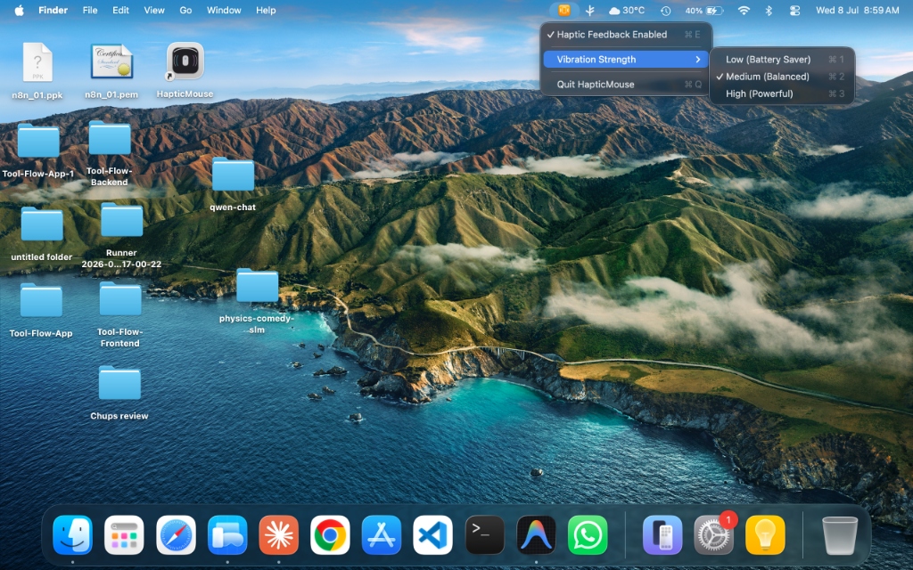 The HapticMouse menu in the menu bar, with toggles and a strength slider