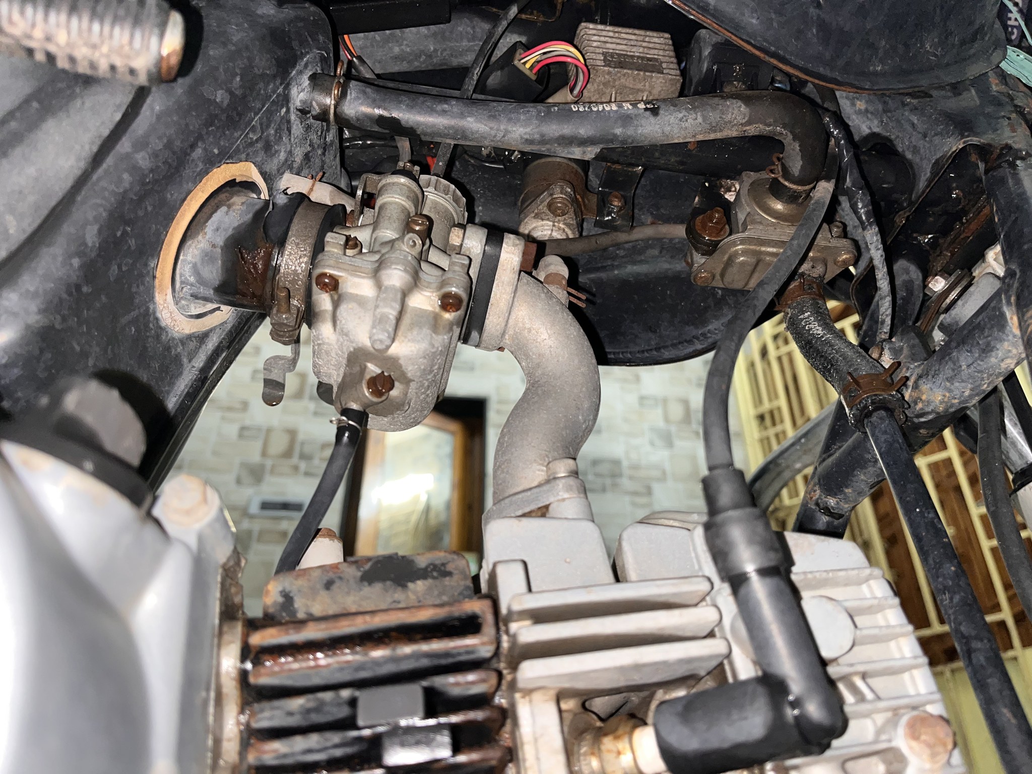 Carburetor and spark plug cap, engine close-up