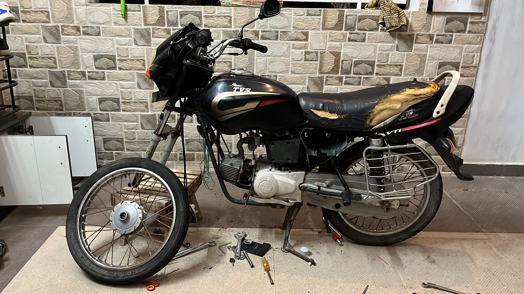 Centra mid-restoration with front wheel removed