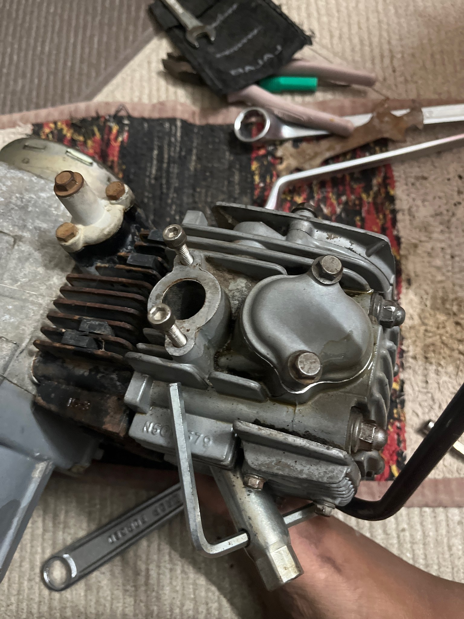 Engine cylinder head close-up during teardown