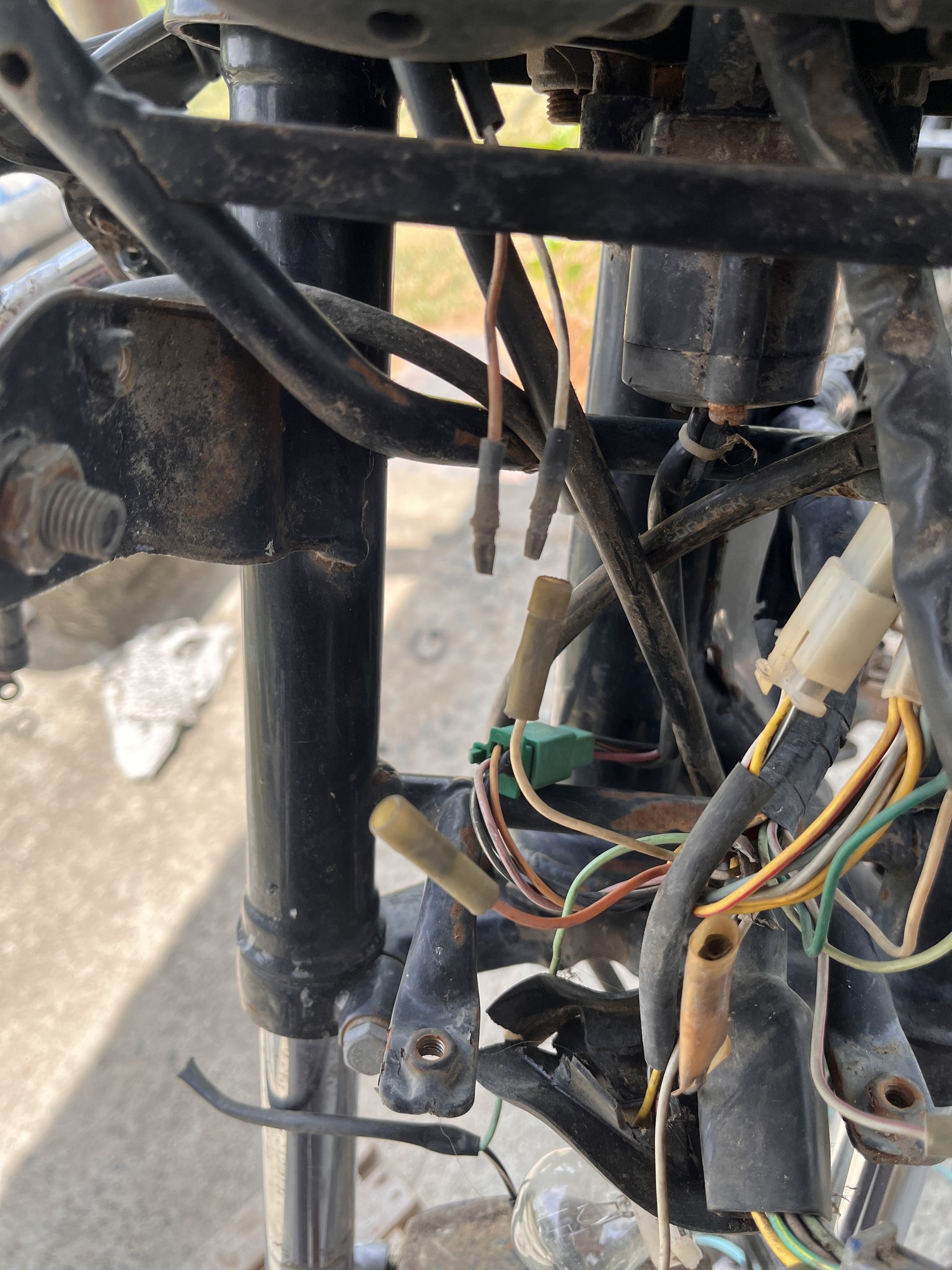 Front wiring harness and fork tubes exposed